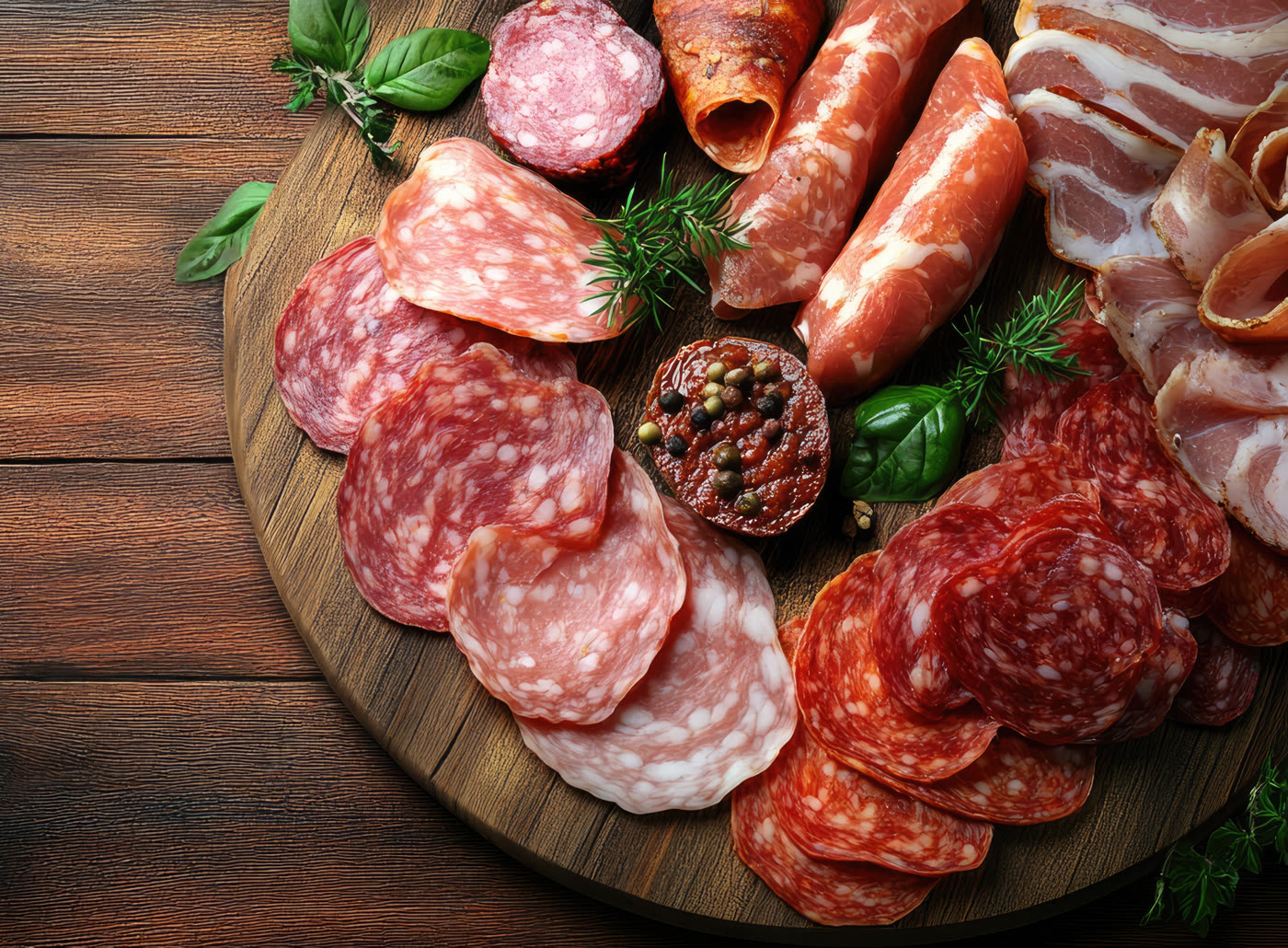 Sliced charcuterie and premium deli meats arranged on a wooden board